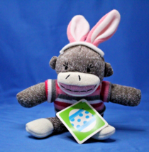 Sock Monkey With Pink and Gray Striped Easter Bunny Rabbit Ears Stuffed Plush - $8.79