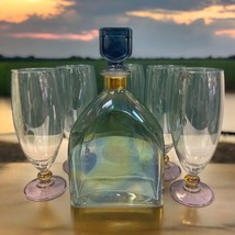 Iridescent Italian Decanter Set w/ 5 Glasses Illusions Italy Blue Lavender Glass - £54.71 GBP