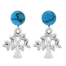 Loving Nature Tree Blue Turquoise Inlays Sterling Silver Post Drop Earrings - £16.02 GBP