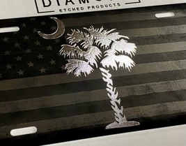 Laser US Flag &amp; Diamond Etched SC Palmetto Palm Tree Car Tag Front License Plate - £15.64 GBP