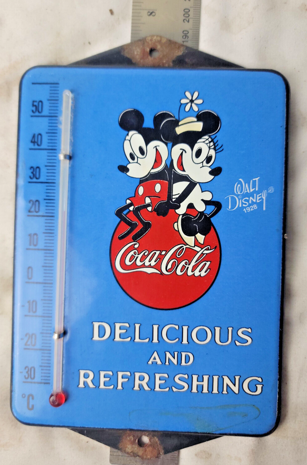 Primary image for VINTAGE RARE Walt Disney Coca Cola PORCELAIN THERMOMETER SIGN CAR GAS OIL TRUCK