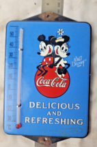 VINTAGE RARE Walt Disney Coca Cola PORCELAIN THERMOMETER SIGN CAR GAS OI... - $138.55