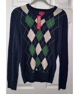 100% Merino Wool Mens Sweater S Merona Navy Blue Green Argyle Diamond Fi... - $38.40 CAD