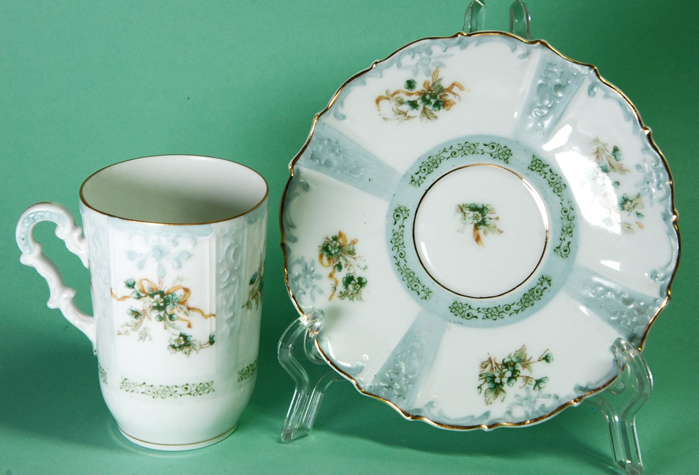 Hermann Ohme Germany 3" Chocolate Cup & Saucer Embossed Blue Scrolling Floral Item image 2