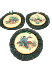 Set Of 3 Vintage Embroidery Hoop Wall Hangings Duck Pond Lace Country Ho... - £30.05 GBP