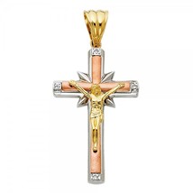 14K Tri Color Gold Religious Crucifix  Pendant with CZ Accents - £362.76 GBP