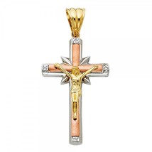 14K Tri Color Gold Religious Crucifix  Pendant with CZ Accents - £365.31 GBP