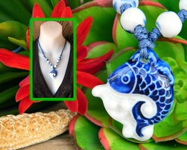 Porcelain Fish Pendant Necklace Child Size Beads Blue White Figural - $19.95