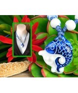 Porcelain Fish Pendant Necklace Child Size Beads Blue White Figural - $17.95