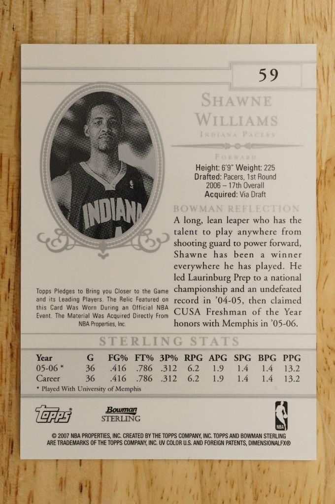 2006-07 Bowman Sterling Shawne Williams #59 Rookie Jersey Relic Basketball Card Item image 2
