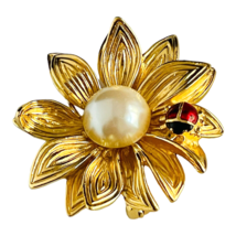 Signed Anne Klein Brooch Pin Lady Bug Gold Flower Faux Pearl Vintage AK 2&quot; - £12.08 GBP