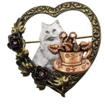 Vintage Brooch Cat KC SIGNED Kenneth Cole Long Hair Cat Heart Rhinestones Teacup - £18.33 GBP