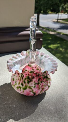 Vintage Fenton Art Glass Vasa Murrhina Rose/Green  Basket  - £31.85 GBP