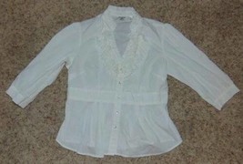Womens Shirt Petite Uniform JPR White Ruffled Button Up 3/4 Long Sleeve Top- PL - £7.00 GBP