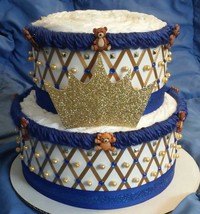 Royal Blue and Gold Little Teddy Bear Prince Baby Shower 2 Tier Diaper Cake - £36.38 GBP