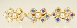 Vintage Costume Jewelry Pink AB Rhinestone Pearl Gold Tone Flower Brooch Pin - £19.94 GBP