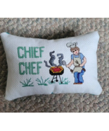 Decorative Homemade Needlepoint Pillow &quot;Chief Chef&quot; White Teal Grilling ... - £19.74 GBP