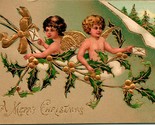 Vtg Postcard Embssed &amp; Gilded Christmas Angels Holly Unused - £6.16 GBP
