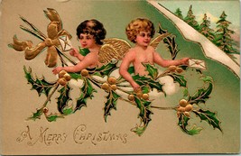 Vtg Postcard Embssed &amp; Gilded Christmas Angels Holly Unused - £6.20 GBP