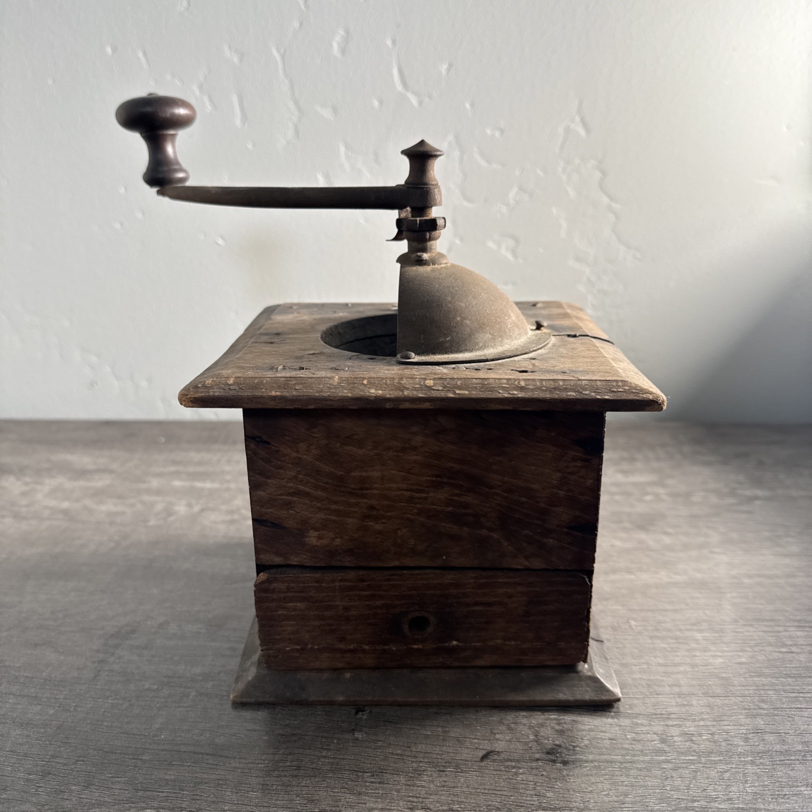 Vintage Primitive Coffee Grinder Mill Wood Metal Hand Crank Dovetail Cor... - $29.87