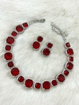 Bollywood Style Silver Plated Ruby Choker CZ Necklace Earrings Jewelry Set - £76.16 GBP