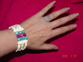 Handmade Bone Bracelet w/Turquoise &amp; Pink Iridescent River Shell Beads - adjusta - £18.16 GBP