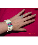 Handmade Bone Bracelet w/Turquoise &amp; Pink Iridescent River Shell Beads -... - £18.35 GBP