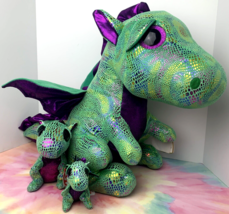 Lot of 3 CINDER Ty Plush Stuffed Green Purple Dragon Large Small and Clip on - £38.93 GBP