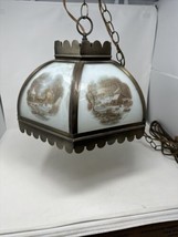 Vintage Currier &amp; Ives Metal Glass Panel Farmhouse Electric Hanging Swag Lamp - £44.50 GBP