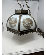 Vintage Currier &amp; Ives Metal Glass Panel Farmhouse Electric Hanging Swag... - £44.19 GBP