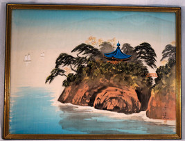 Painting on Silk ~ Pagoda on Rock Cliff by the Ocean Artist Signed ~ Framed - $64.99