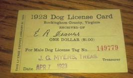 VTG 1923 Male Dog License Card Rockingham County Virginia Harrisonburg VA - £23.97 GBP