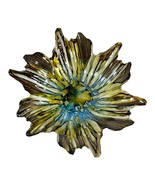 Hand Blown Glass Flower Bowl Glitter Blue Yellow Art Piece 12&quot; Reverse P... - $37.39