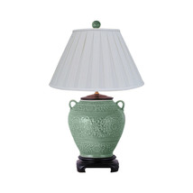 Cute Green Embossed Floral Porcelain Vase Table Lamp 23&quot; - £192.50 GBP