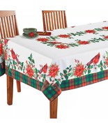 Cardinal &amp; Poinsettia Tartan Plaid Holiday Tablecloth - $57.43 CAD