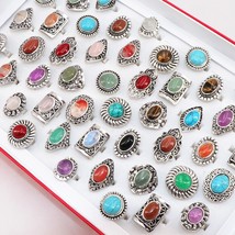 Wholesale lots bulk 20pcs Vintage Stone Flower Patten jewelry rings for women pa - £25.37 GBP