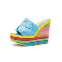 Summer New Platform Wedge Sandals For Women&#39;s With Weave Rainbow Color Fish Mout - £44.47 GBP