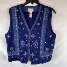 Napa Valley Petites Women&#39;s Embellished Blue Winter Christmas Button Up Vest - £7.56 GBP