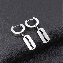 Titanium Steel Razor Blade Shape Dangle Drop Earrings for Men Women - £8.75 GBP