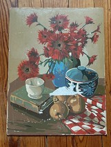 Vintage Original Painting of Red Flowers in Blue Vase w Fruit Book &amp; Cup Still - £9.02 GBP
