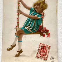 c1910 Young Girl on Swing Hand Colored Vintage DeDe Paris Postcard Finland Stamp - £27.93 GBP