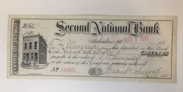 Antique Check Second National Bank Belvidere Illinois 1889 Certificate D... - $13.00