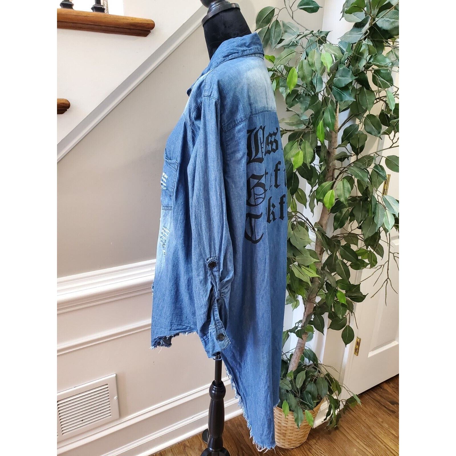 Thrill Jeans Distressed Blue Cotton Collared Long Sleeve Button Down Shirt 2X Item image 8