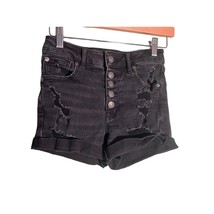 American Eagle Size 0 Super HI-RISE Shortie Black Distressed Jean Shorts Button - £13.39 GBP