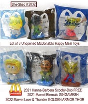 Golden Armor Thor, Gingamesh, Scooby-Doo Fred 3 McDonalds Happy Meal Toys (NIP) - £7.79 GBP