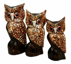 Balinese Wood Handicrafts Eggskin Feathers Forest Owl Family Set of 3 Fi... - £22.18 GBP