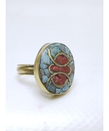 Boho Tibetan Brass Ring with Turquoise and Coral Inlay – Handmade Ethnic... - €42,93 EUR