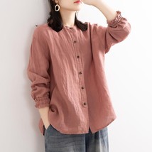 Simple Casual Vintage Women Spring Autumn Long Sleeve Shirts Solid Color Pure Co - £44.50 GBP