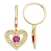 1.5CT Simulated Ruby Double Heart Drop/Dangle Hoop Earrings Yellow Gold Plated - £58.83 GBP