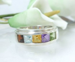 Multi Gemstone Princess Cut Sterling Ring Size 7 - £32.83 GBP